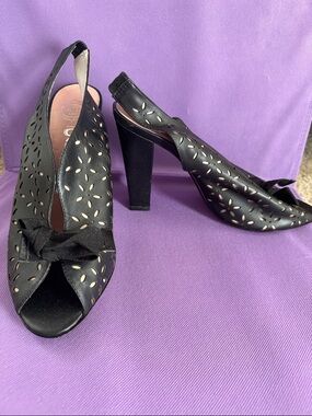 Jeffrey Campbell Black Laser-Cut Peep-Toe Slingback Heels with Bow Accent